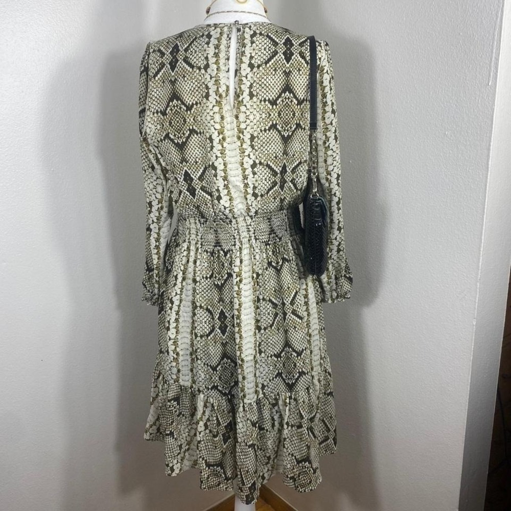 J‎ Crew Midi Dress Womens XS Green Snake Print Smocked Waist Tiered Long Sleeve - Picture 2 of 5